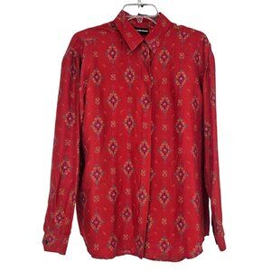 Vintage Diane Gilman Floral Silk Button Up Shirt L Red Boho AOP‎ Hidden Button